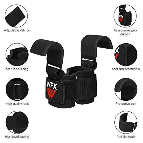 WFX Weight Lifting Hooks, Non-Slip Rubber Coated Grips, 7mm Neoprene Wrist Support Padding, Power Lifting Barbell Rows Dead Lifts Chin Pull Up Fitness Strength Training Straps Gym Workout Straps