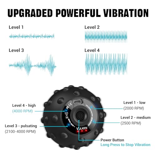 Vulken Vibrating Massage Ball for Muscle Recovery with SphereStrap – Target Hard-to-Reach Areas, Hands-Free Back Massage. 4 Speeds High Intensity Trigger Point Massage Ball. - color: Black