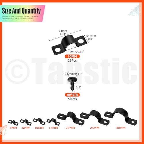 Tanstic 25Pcs Black Two Hole Pipe Strap, 3/8” Two Hole Strap U Bracket Rigid Pipe Strap Pipe Strap Clamp with Phillips Modified Truss Head Wood Screws for Fixing Pipe, Conduit, U Bracket - size: 3/8 Inch