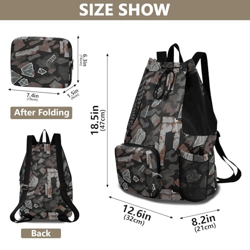 Drawstring Climbing Gym Bag With Water Bottle Holder Drawstring Backpack with Wet Dry Compartments Camouflage Metal Brown Fragment Dark