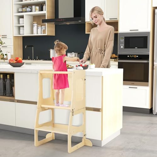 HONEY JOY 7 in 1 Climbing Toys for Toddlers, Convertible Kids Step Stool/Table & Chair/Chalkboard, Folding Triangle Climber w/Ramp, Montessori Kitchen Stool Tower for Learning w/Safety Rail (Colorful)