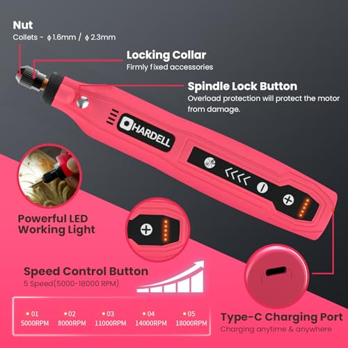 HARDELL Mini Cordless Rotary Tool, 4V 129pcs Rechargeable Rotary Tool Kit | USB Charging Multi-Purpose DIY Tool for Sanding, Polishing, Drilling, Engraving, Woodworking, Craft - style: Pink-129 accessories