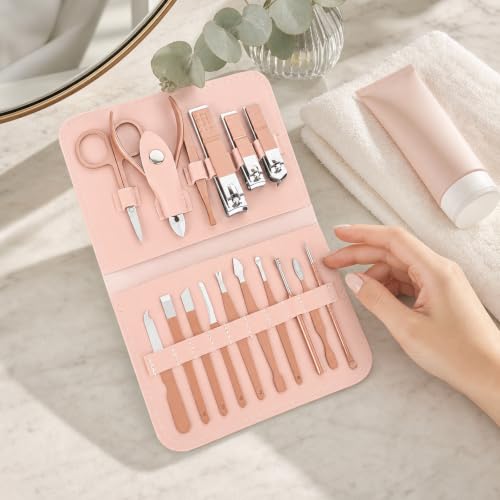 16PCS Professional Manicure & Pedicure Set Stainless Steel Nail Care Kit Travel Manicure Kit, Pink - color: Pink