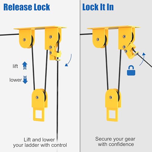 TRUSOON Ladder Pulley Hoist, Self-Locking Ceiling Lift System, 10-18 ft | Self-locking mechanism, holds up to 100 lbs, fits ladders kayaks bikes & more, all hardware included, easy solo operation