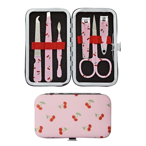 Éclat Manicure Pedicure Kit for Men & Women, 6Pcs Finger & Toe Nail Care Tools Includes Nail Clipper Cutter, Tweezer, File, Cuticle Pusher, Personal Care Professional Grooming Set With Travel Case - color: Mini Mani+pedi Print Set (6pc Cherry)
