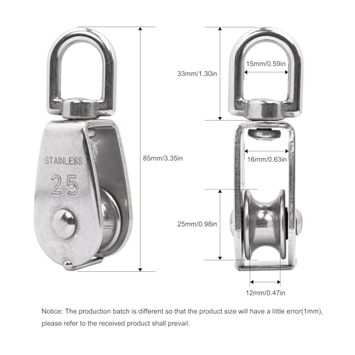 2Pcs M25 Single Pulley Block 304 Stainless Steel Swivel Cable Pulleys Wheel for Lifting/Hanging Pulley System, Heavy Duty Rope Single Wheel Kit, Max-Load 150kg/330lbs