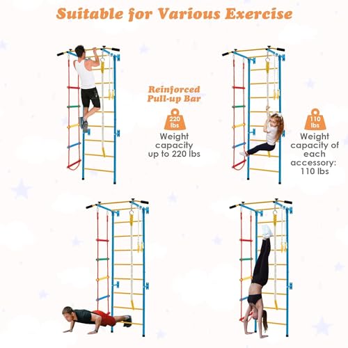HONEY JOY Climbing Toys for Toddlers, Upgrade Metal Indoor Kids Gym for Solid Wall, Playground and Climbing Exercise Set with Rope Ladder, Pull-up Bar, Monkey Bars, Gymnastic Rings (5 in 1) - size: 5 In 1