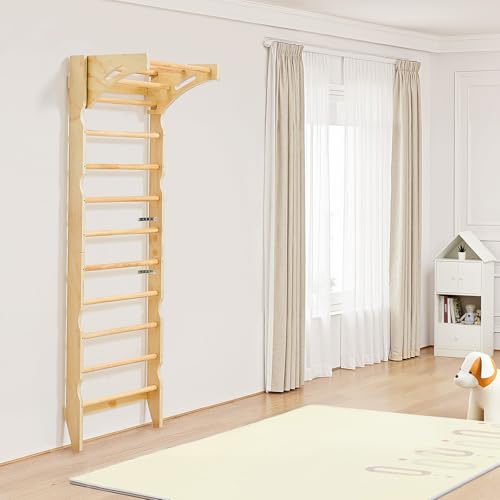VEVOR Swedish Ladder Wall Gym, 2-in-1 10-Level Indoor Jungle Gym, 220LBS Loading Solid Wood Gymnastic Stall Bars for Kids & Adults, Indoor Playground Climbing Playset with Pull-Up Bar, Wall Ladder - style: 10-Level 2-in-1