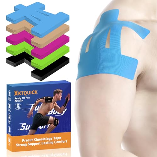 Kinesiology Tape for Shoulder Precut, 12 PCS Shoulder Tape for Pain Relief, KTQUICK Original Cotton Waterproof & Breathable, Enhance Elastic Sports Tape for Pain Support and Muscle Sports, Blue | Blue, Precut Shoulder Support Tape with Premium Cotton, Bre
