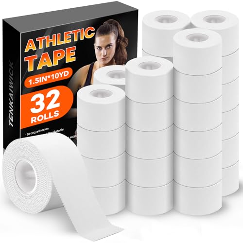 32 Pack Athletic Tape, White Sports Tape for Wrist Ankle Protection, Sports Tape Athletic No Sticky Residue, Easy to Tear Gymnastics Tape for Soccer, Football, Training Supplies (1.5" x 320 Yards) - size: 32P