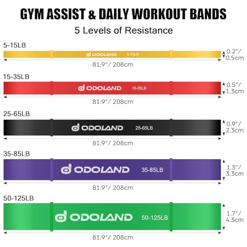 Odoland 5 Packs Pull Up Assist Bands, Pull Up Straps, Resistance Bands with Door Anchor and Handles, Stretch Mobility, Powerlifting and Extra Durable Exercise Bands with eGuide