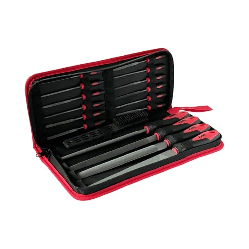 17 Piece Metal File Set with Carrying Case, Precision Filing Tools with Ergonomic Handles, Orange and Black, 8inch