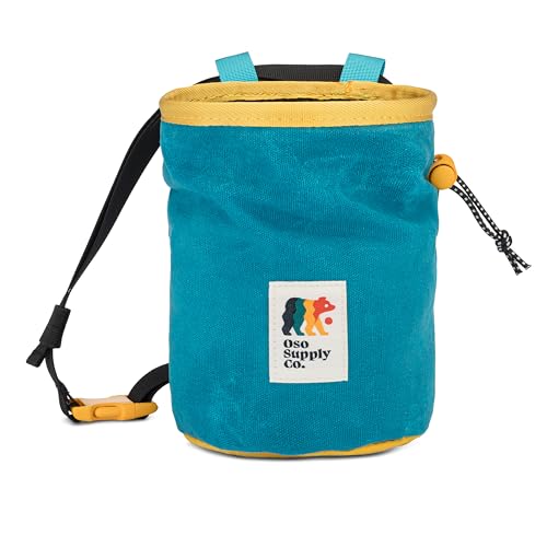 Oso Supply Co - Waxed Canvas Chalk Bag - Zipper Pocket & Mesh Pouch for Bouldering, Rock Climbing, Gym, Weightlifting – Water-Resistant, Adjustable Belt, Wide Opening - color: Blue / Gold