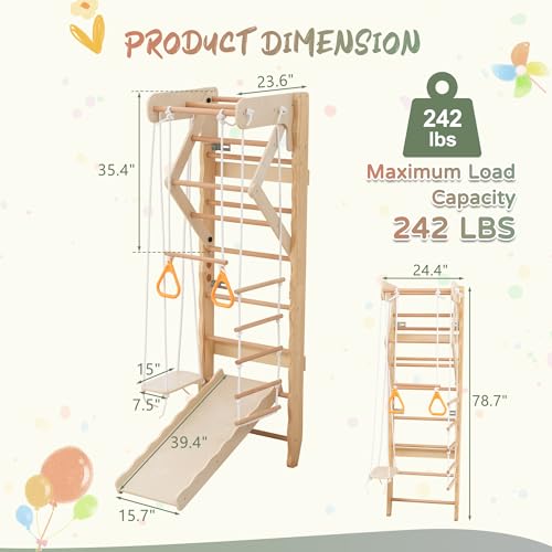 6-in-1 Swedish Ladder Wall Gym, Wooden Climbing Set with Slide, Swing & Rings
