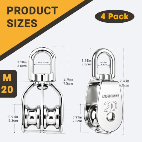 4PCS M20 Heavy Duty Rope Pulley Block | 304 Stainless Steel Heavy Duty Lifting Crane Swivel Hook for Hanging Wire and Crane Operations | 304 Stainless Steel Heavy Duty Lifting Crane Swivel Hook For Hanging Wire and Crane Operations - size: 4P-M20