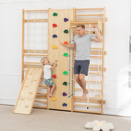 10-in-1 Swedish Ladder Indoor Jungle Gym for Kids Ages 3–12, 500 LBS Wooden Wall-Mounted Climbing Set with Slide, Swing, Rings, Monkey Bars – Montessori Play & Fitness Playground - size: 10-in-1