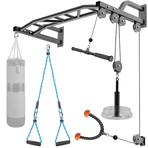 SELEWARE 48'' Heavy Duty Wall Mount Pull Up Bar with Cable Pulley System | Multi-function Chin up Bar with Cable Pulleys LAT Pulldown Attachments Heavy Bag Hanger for Home/Garage Gym Strength Training - color: A. Black Pull Up Bar with Cable Pulley System