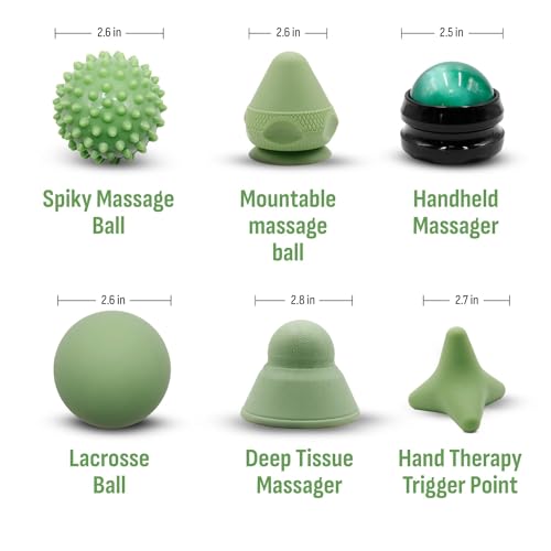 Physical Therapy Pain Relief Massage Ball Set for Trigger Point Release - Myofascial Release Tool & Deep Tissue Massage Set of 6 Pieces - Lacrosse, Spiky, Hand Roller & Mountable Self Massage Ball