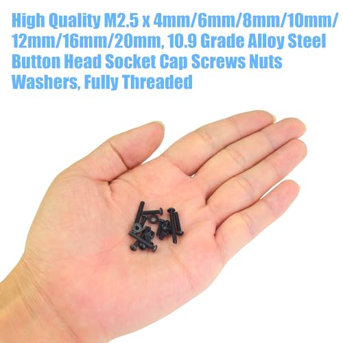 DYWISHKEY 566 Pieces M2.5 Black Screws, 10.9 Grade Alloy Steel M2.5X 4/6 /8/10 /12/16 /20mm Button Head Socket Cap Screws Bolts Nuts Washers Assortment Kit - size: M2.5, style: Button Head Socket Cap