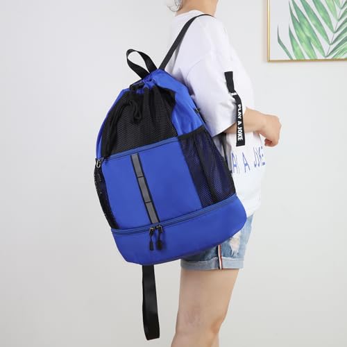 Valleycomfy Drawstring Gym Bag Sports Backpack With Shoe Compartment Blue | Reflective Strips Top Handle - color: Royal Blue
