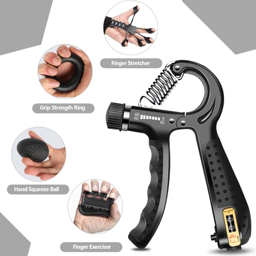 Hand Grip Strengthener Kit 5 Pack Adjustable Finger Forearm Hand Exerciser | Adjustable Grip Trainer, Finger Stretcher & Stress Ball Set for Strength Training & Hand Exercises