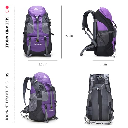 Bseash 50L Hiking Backpack, Water Resistant Lightweight Outdoor Sport Daypack Travel Bag for Camping Climbing Skiing Cycling (Purple - No Shoe Compartment) - color: Purple - No Shoe Compartment