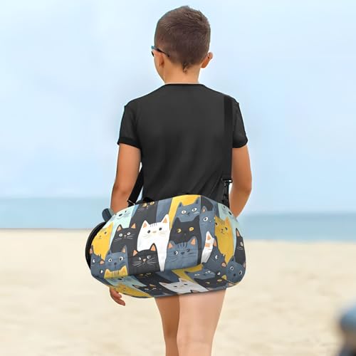 Kids Sports Duffel Bag for Boys & Girls - Cartoon Cat Patterns 100% Polyester Gym Bag with Separate Shoe Compartment, Adjustable Shoulder Strap, Compact Travel & Workout Gear Bag - color: Cartoon Cat Patterns