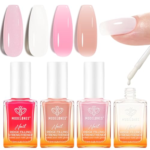 Modelones Nail Strengthener Kits, Milky White Glitter Pink Nude Nail Polish | Nail Repair for Damaged Nails Strengthener and Growth for Thin Weak Damaged Nail Toenails Care Kit Women 4 Pcs Gifts Sets - color: D1-White Pink Nude