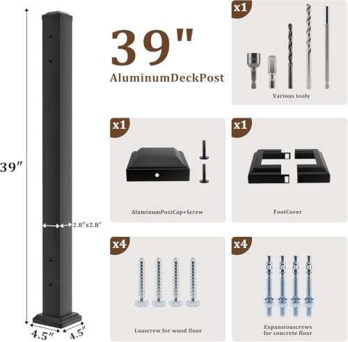 Aluminum Deck Post,2.8 in. x 2.8 in. x 39 in Perpendicular Adjacent Two Side Pre-Drilled 90 Degree Railing Corner Post, Ending Support Post - size: 39 In Neighbor Post