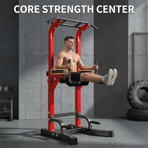 Power Tower Pull Up Bar Dip Station, Free Standing Pull Up Rack Dip Station for Home Gym, 10-Level Adjustable Height Pull Up Bar Stand Dip Bar Strength Training Workout Equipment - color: Red