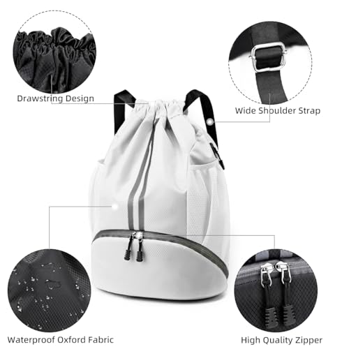 Valleycomfy Sports Drawstring Backpack - Water Resistant String Bag White | with Side Mesh Pockets Shoe Compartment Gym Backpack for Women & Men - color: A-white