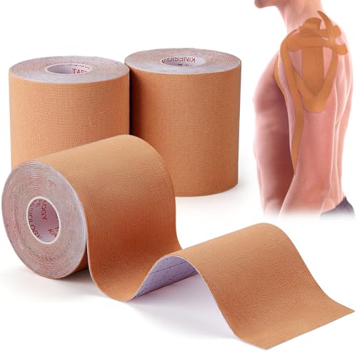 3 Rolls Kinesiology Tape, Waterproof, 3in x 5.5yd, Beige | Waterproof & Sweat-Resistant, Breathable Latex-Free Cotton, For Shoulder, Knee, Fit Sports, Workouts & Active Training - color: Beige 3in