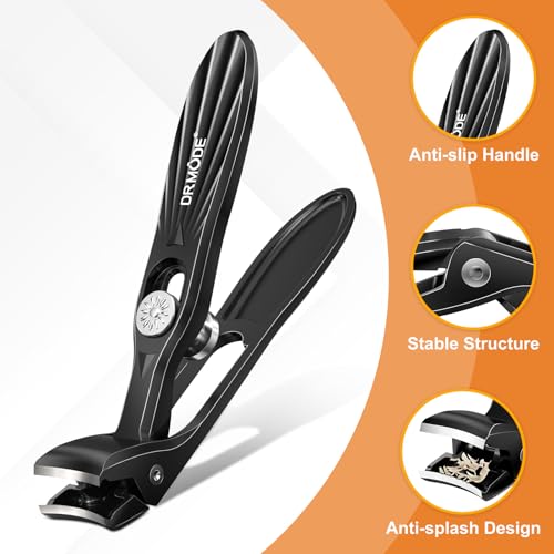 DRMODE Nail Clippers for Men Thick Nails, Angled Head Toe Nail Clippers for Thick Nails for Seniors, Wide Jaw Opening Toenail Clippers Heavy Duty Fingernail Clipper with Catcher Long Handle - Black