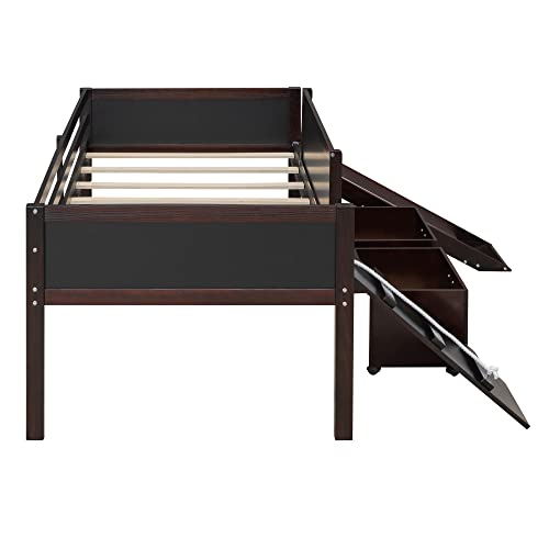Twin Size Low Loft Bed with Climbing Rope and Double-Sided Chalkboard, Kid's Play Bed with Two Toy Storage Boxes for Bedroom (Espresso)