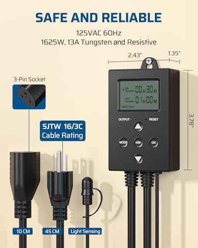 DEWENWILS Repeat Cycle Digital Timer, Interval Timer Outlet | 3-Pin Plug, 5 Modes, 1.8M Light Sensor Cable, 1625W/125V/13A, Photocell Sensor for Hydroponics Aquaponics Aeroponics, Pump