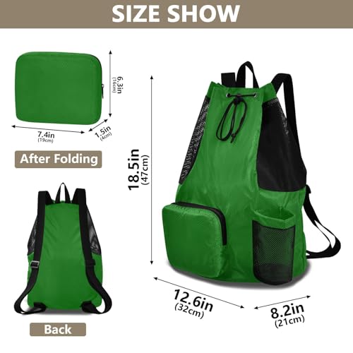 Drawstring Climbing Gym Bag With Water Bottle Pocket Drawstring Beach Backpack with Wet Dry Compartments Dark Green Solid Color Pure Plain