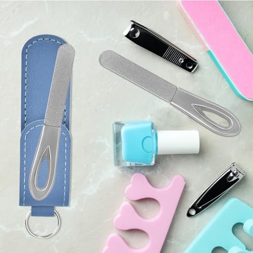 Metal Nail File with Case, 2 Pack Keychain Nail Files for Natural Nails, Fingernail Files Diamond Round Tip Stainless Steel Double Sided Fine Grit Sapphire Filer with Leather Sheath Travel Blue - size: 2 Pack 3.6 in Silver/Blue Keychain