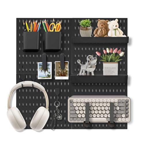 Pegboard Wall Organizer Set – 4 Peg Boards with Hooks & Shelves – Office, Kitchen, Gaming Room Desk Pegboard Storage – Peg Board Wall Display Rack (Black) - color: Black
