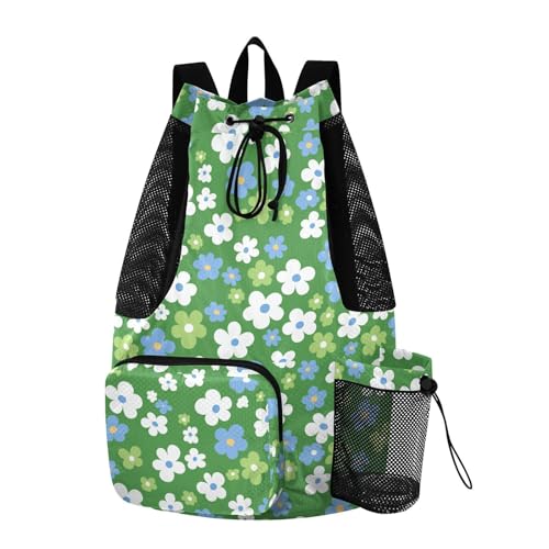 Drawstring Bags Climbing Gym Bag With Water Bottle Holder Cinch Sacks Dry Wet Separation Green White and Blue Flowers