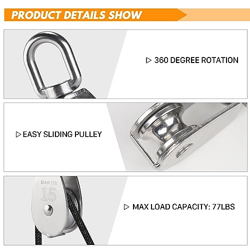 LAIWOO M15 Heavy Duty Stainless Steel Pulley Block, Rope and Hooks, 2 Pack | Includes eye pad plate and line cleat, corrosion resistant, for lifting, DIY and clothesline - size: M15