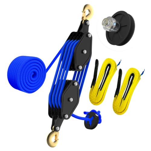 YATOINTO Rope Hoist Pulley System 4400LB, Pulley Block Tackle w/2 Straps | 65FT Polypropylene Fiber Rope, 8:1 Ratio Lifting Power, Metal Bearing Structure, Black-coated Housing - color: Blue(Powder Coating)+2Straps