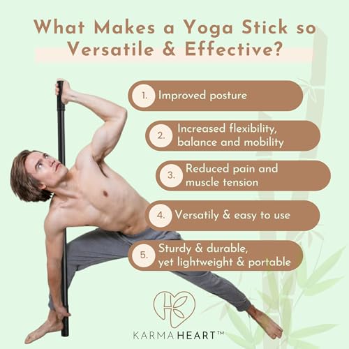 Yoga Stick & Stretching Stick with Super Sturdy Rubber Ends - Bamboo - Black