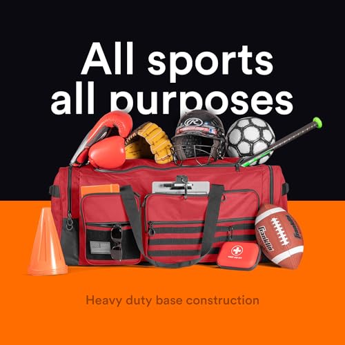 Fitdom 130L 36" Extra Large Sports Gym Equipment Travel Duffle Bag | Heavy Duty, Adjustable Shoulder Strap, 7 Compartments, Perfect for Soccer Baseball Basketball Hockey Football, Team Coaches - color: Red