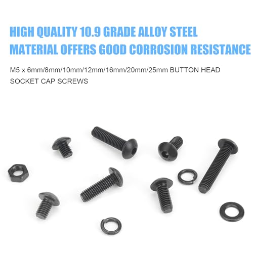 DYWISHKEY 246 Pieces M5 Black Screws, 10.9 Grade Alloy Steel M5x 6/8 /10/12 /16/20 /25mm Button Head Socket Cap Screws Bolts Nuts Washers Assortment Kit - size: M5, style: Button Head Socket Cap
