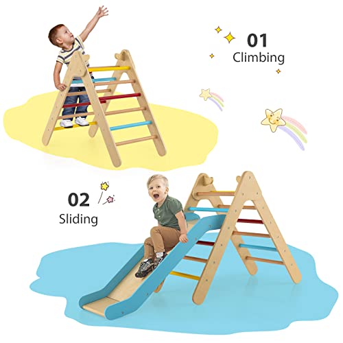 OLAKIDS Pikler Triangle Set 2 in 1 Climbing Toys for Toddlers Foldable Wood Montessori Baby Jungle Gym with Ladder Ramp Slide Kids Indoor Playground Activity Play Structure - color: Rainbow