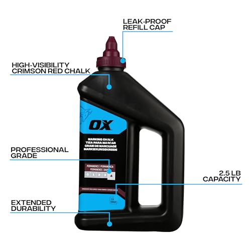 OX Chalk Line Powder Red 2.5 lbs - Permanent Chalk Refill | Level 4 permanence, weatherproof formula, quick-fill nozzle, works on wood, concrete, metal and stone - color: Crimson