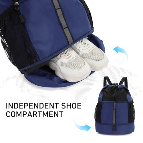 Valleycomfy Drawstring Gym Bag Sports Backpack With Shoe Compartment | Reflective Strips Top Handle Dark Blue - color: Dark Blue