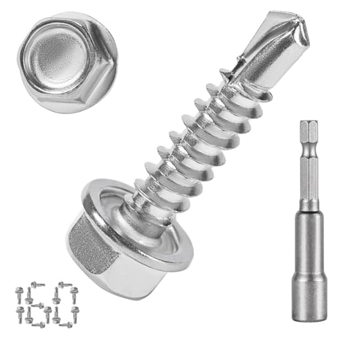 QSJ 160PCS #8 x 3/4'' Sheet Metal Screws 410 Stainless Steel Hex Washer Head Fast Self Tapping Screws with Screwdriver Bit Silver - color: Hex #8x3/4‘’（160）