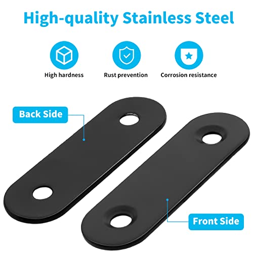 Biaungdo 2" Stainless Steel Flat Plate Straight Bracket, Black, 20 Sets | Metal Corner Brace Brackets, Mending Repair Plate Brace, With Screws & Screwdriver, For Wood, 50mm x 16mm x 2mm - size: 50x16x2.0mm