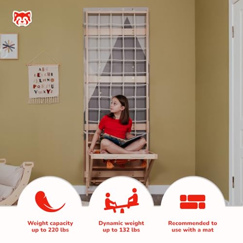 Wood And Hearts Indoor Rope Climbing Wall for Kids Active Play - Wooden Rope Wall with Sit-Up Bar & Decorative Panels for Playroom (Climbing Module 3, Sit-Up Bar) - size: Climbing Module 3